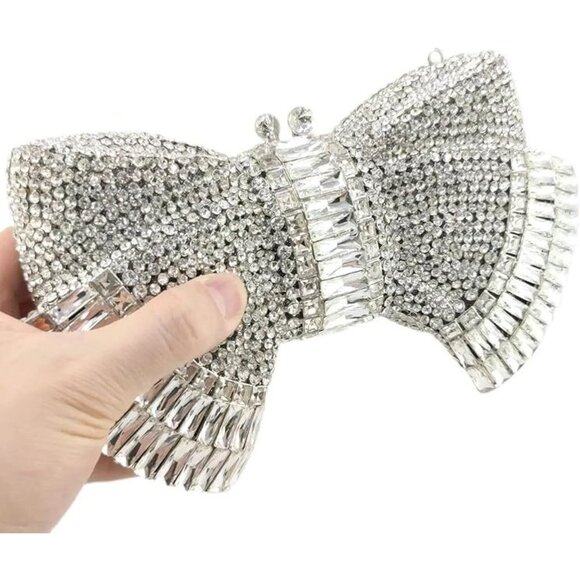 NWT Sparkling Bling Crystal Rhinestone Bow Clutch Purse Pink Gold Silver…